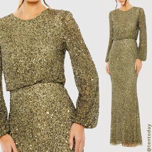 Mac Duggal 10044 Size 12 Olive Green Sequin Beaded Long Sleeve‎ Maxi Gown Dress